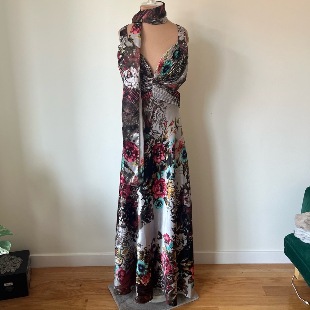 Drama Formal Floral Print Multicolor Satin Open Back Scarf Dress Gown EUC 10